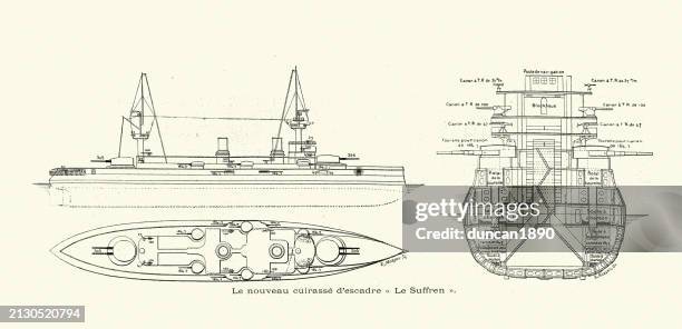 schlachtschiff suffren der französischen marine, plan und querschnitt, militärgeschichte der marine, 1890er jahre 19. jahrhundert - passagierschiff stock-grafiken, -clipart, -cartoons und -symbole