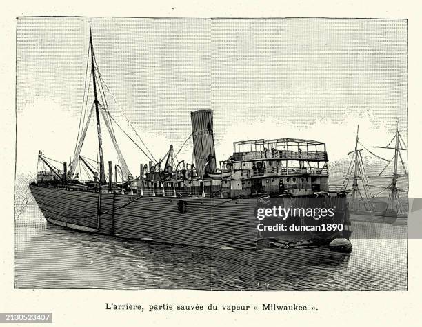 rear half of the steamship, milwaukee, 1890s, 19th century - steamer stock illustrations