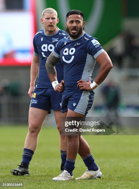 Manu Tuilagi and Rob du Preez of Sale Sharks look on during the Gallagher Premiership Rugby match between Sale Sharks and Exeter Chiefs at the AJ...