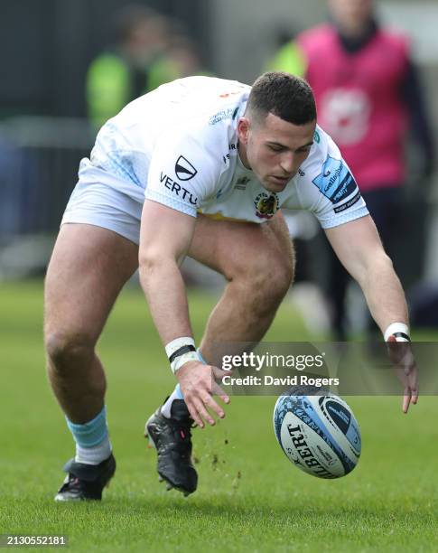 Will Rigg of Exeter Chiefs gathers the loose ball during the Gallagher Premiership Rugby match between Sale Sharks and Exeter Chiefs at the AJ Bell...