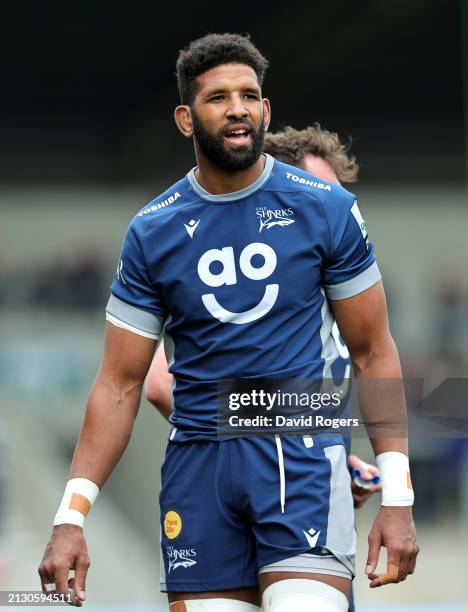 Hyron Andrews of Sale Sharks looks on during the Gallagher Premiership Rugby match between Sale Sharks and Exeter Chiefs at the AJ Bell Stadium on...