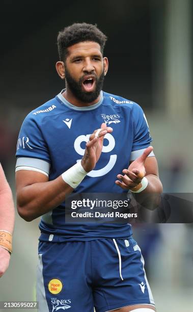 Hyron Andrews of Sale Sharks looks on during the Gallagher Premiership Rugby match between Sale Sharks and Exeter Chiefs at the AJ Bell Stadium on...