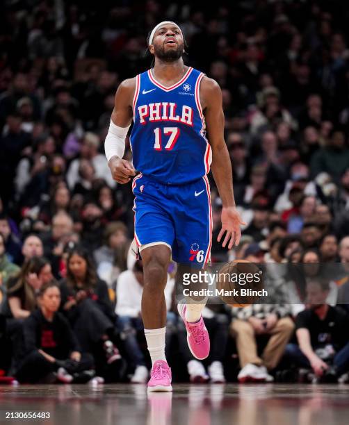 Buddy Hield of the Philadelphia 76ers dribbles against the Toronto Raptors during the first half of their basketball game at the Scotiabank Arena on...