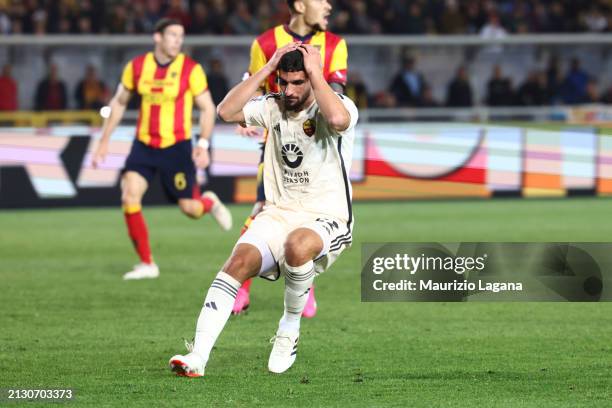 Houssem Aouar of Roma shows his dejection during the Serie A TIM match between US Lecce and AS Roma - Serie A TIM at Stadio Via del Mare on April 01,...