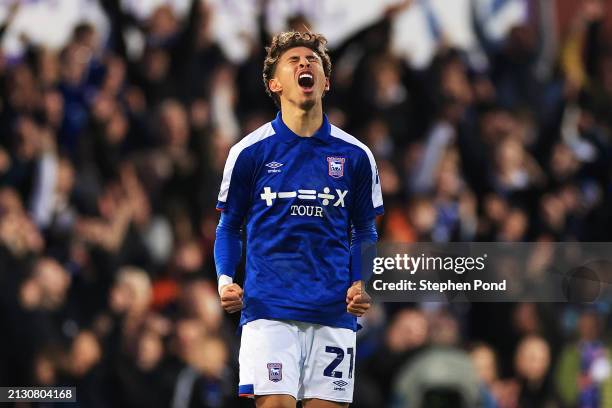 Jeremy Sarmiento of Ipswich Town celebrates victory in the Sky Bet Championship match between Ipswich Town and Southampton FC at Portman Road on...