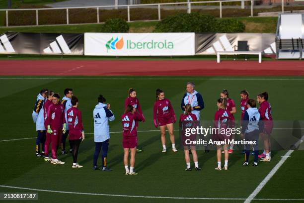 Players of Spain take part in a Spain Women's training session at Ciudad del futbol de Las Rozas on April 01, 2024 in Madrid, Spain.