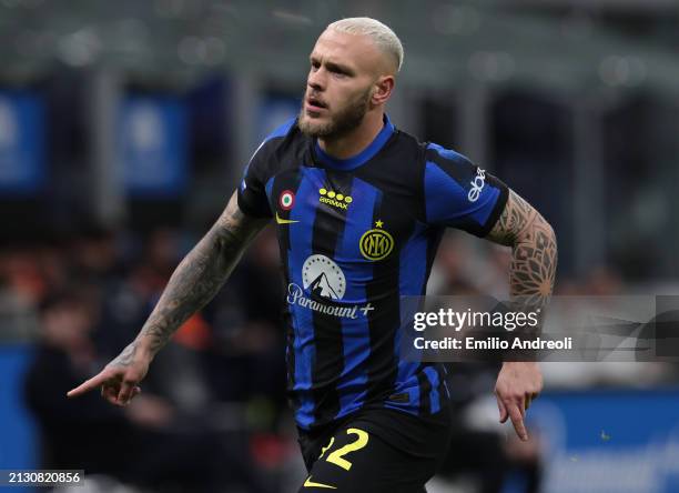 Federico Dimarco of FC Internazionale celebrates after scoring the team's first goal during the Serie A TIM match between FC Internazionale and...