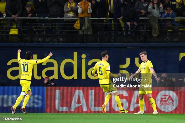 Alexander Sorloth of Villarreal CF celebrates scoring his team's first goal with teammate Jorge Cuenca during the LaLiga EA Sports match between...