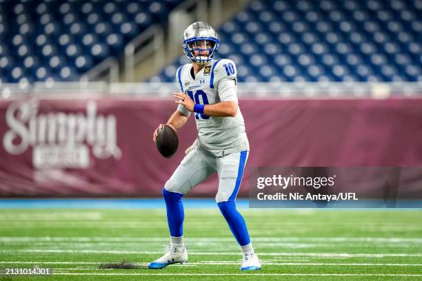 Mccarron of the St. Louis Battlehawks looks to pass the ball against the Michigan Panthers at Ford Field on March 30, 2024 in Detroit, Michigan.