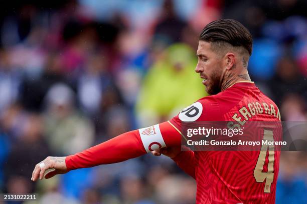 Sergio Ramos of Sevilla FC fixes his captain armband during the LaLiga EA Sports match between Getafe CF and Sevilla FC at Coliseum Alfonso Perez on...