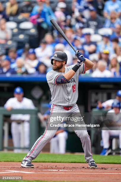 Alex Kirilloff of the Minnesota Twins bats against the Kansas City Royals on March 31, 2024 at Kauffman Stadium in Kansas City, Missouri.