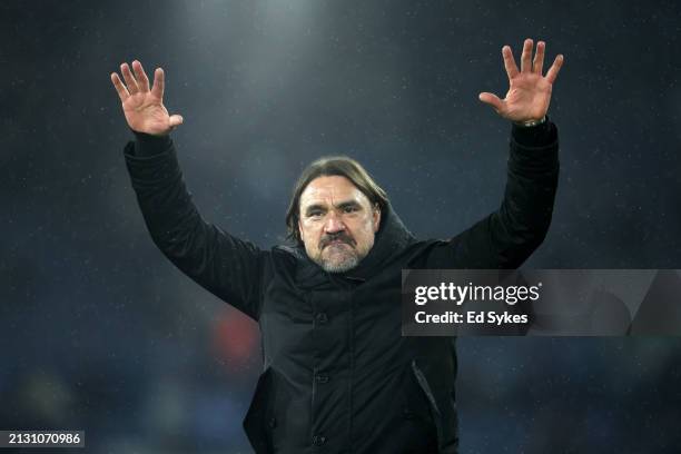 Daniel Farke, Manager of Leeds United, celebrates victory following the Sky Bet Championship match between Leeds United and Hull City at Elland Road...