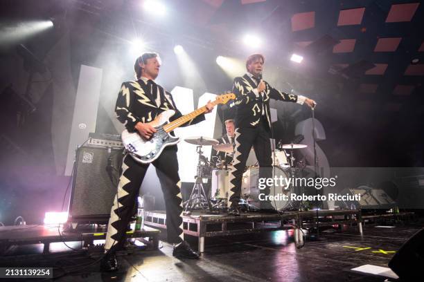 Johan Gustafsson, Christian Grahn and Pelle Almqvist of The Hives perform on stage at The Barrowland Ballroom on April 01, 2024 in Glasgow, Scotland.