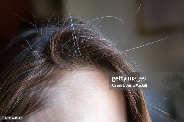 gray hair woman, aging concept, stress and anxiety - side part hair woman stock pictures, royalty-free photos & images