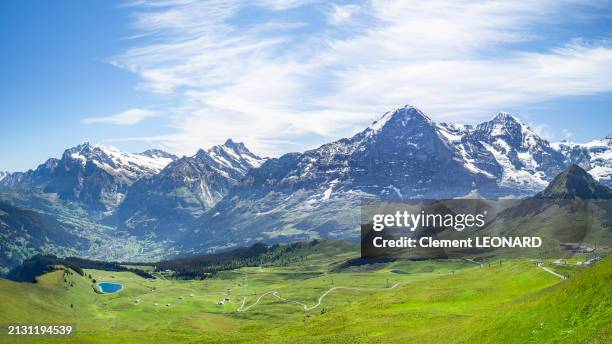 panorama of the bernese alps mountain range in summer with the famous eiger, mönch (monch) and tschuggen peaks and a hiking trail and a pasture in the foreground, lauterbrunnen - bern canton - switzerland. - monch stock pictures, royalty-free photos & images