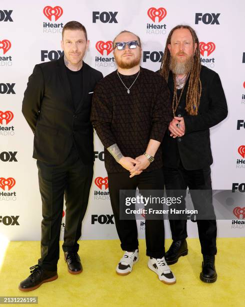 Brent Smith, Zach Myers and Barry Kerch of Shinedown attend the 2024 iHeartRadio Music Awards at Dolby Theatre on April 01, 2024 in Hollywood,...