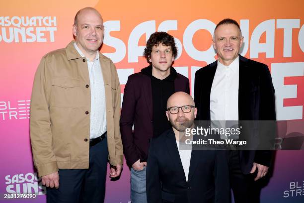 Nathan Zellner, Jesse Eisenberg, Christophe Zajac-Denek, and David Zellner attend the "Sasquatch Sunset" New York Premiere at Metrograph on April 01,...