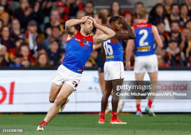 Jack Viney of the Demons rues a missed shot on goal during the 2024 AFL Round 04 match between the Adelaide Crows and the Melbourne Demons at...