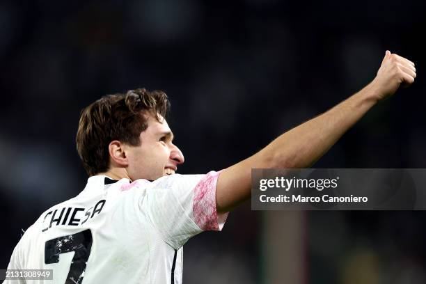 Federico Chiesa of Juventus Fc celebrates after scoring a goal during the Coppa Italia semi-final first leg match between Juventus Fc and Ss Lazio....