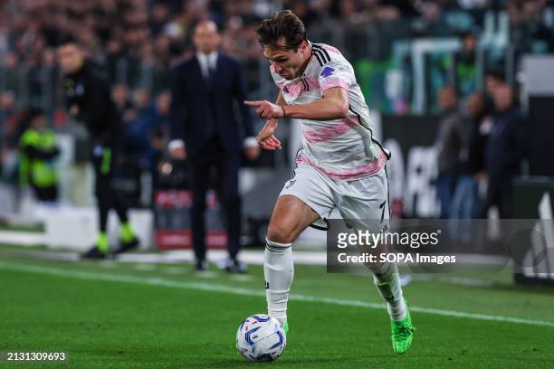 Federico Chiesa of Juventus FC seen in action during Coppa Italia 2023/24 Semi Final 1st Leg football match between Juventus FC and SS Lazio at...