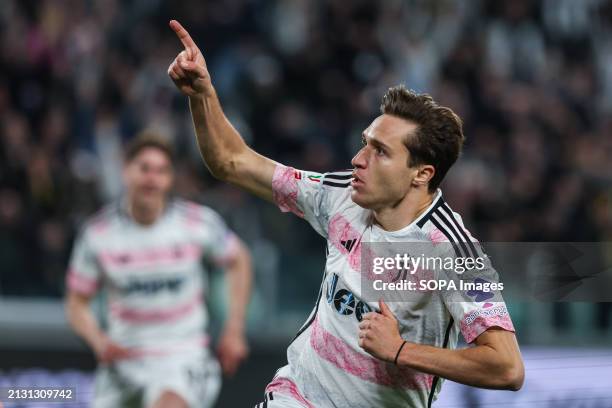 Federico Chiesa of Juventus FC celebrates after scoring a goal during Coppa Italia 2023/24 Semi Final 1st Leg football match between Juventus FC and...