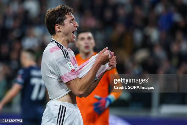 Federico Chiesa of Juventus FC reacts during Coppa Italia 2023/24 Semi Final 1st Leg football match between Juventus FC and SS Lazio at Allianz...
