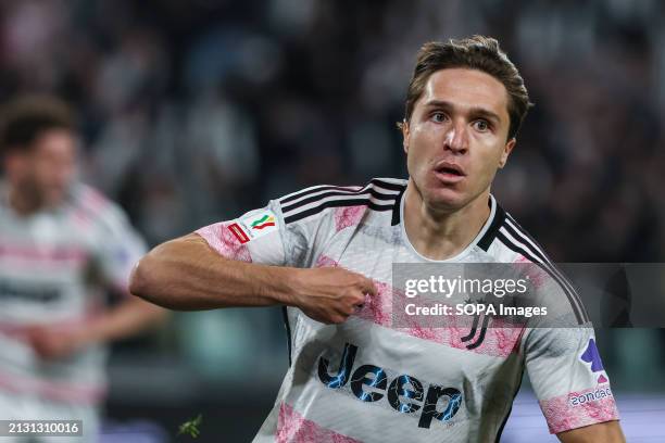 Federico Chiesa of Juventus FC celebrates after scoring a goal during Coppa Italia 2023/24 Semi Final 1st Leg football match between Juventus FC and...