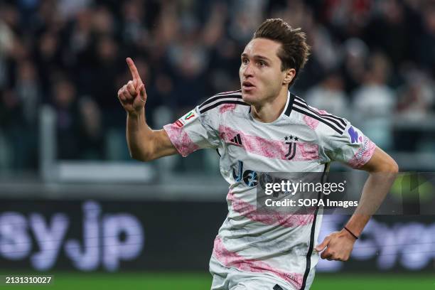 Federico Chiesa of Juventus FC celebrates after scoring a goal during Coppa Italia 2023/24 Semi Final 1st Leg football match between Juventus FC and...