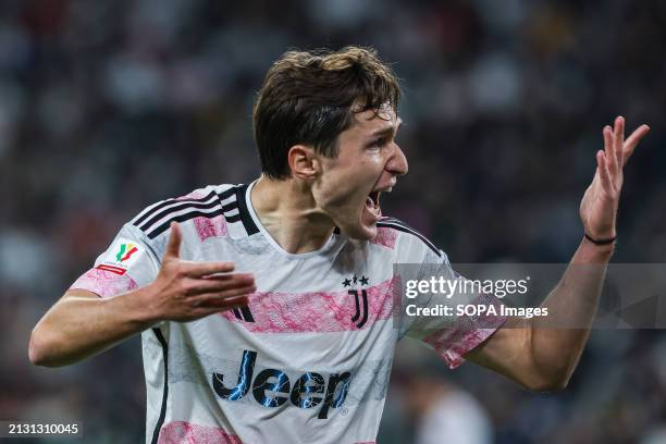 Federico Chiesa of Juventus FC reacts during Coppa Italia 2023/24 Semi Final 1st Leg football match between Juventus FC and SS Lazio at Allianz...