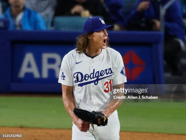 Los Angeles, CA Dodgers starting pitcher Tyler Glasnow, lets out a yell after giving up three runs on a single by Giants' Michael Conforto in the...