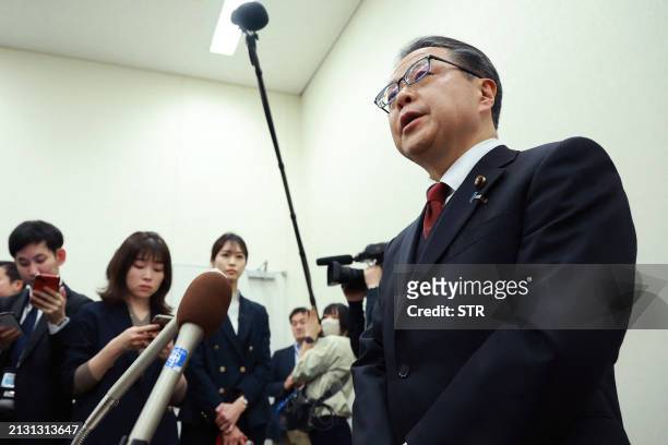 Former Liberal Democratic Party secretary general in the House of Councillors Hiroshige Seko responds during an interview with reporters in Tokyo on...