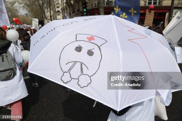 Nurses take part in a demonstration to demand more recognition and stronger measures to fight inflation from the Ministry of Health on April 04, 2024...