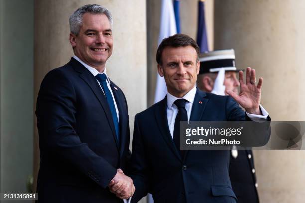 President Emmanuel Macron is receiving Austrian Chancellor Karl Nehammer for a bilateral summit at the Elysee Palace in Paris, France, on April 4,...