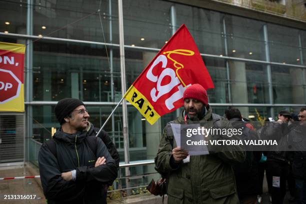 Union member gives a speech at the rally in front of RAPT headquarters in Paris, France on April 04, 2024. The CGT-RATP union has called a strike to...