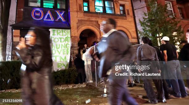 March 15 Party goes are seen in front of a frat house on Madison Avenue n honour of St. Patrick's Day.University of Toronto Fraternities are seen in...