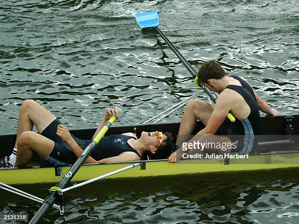 Members of The Latymer Upper School recover after losing to Brentwood College School of Canada in a heat of The Princess Elizabeth Challenge Cup...