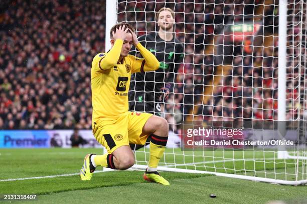 James McAtee of Sheffield United misses a close range chance during the Premier League match between Liverpool FC and Sheffield United at Anfield on...