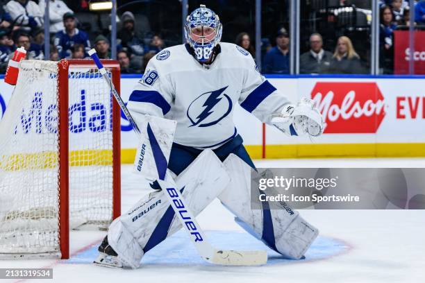 Tampa Bay Lightning Goalie Andrei Vasilevskiy tends the net during the NHL regular season game between the Tampa Bay Lightning and the Toronto Maple...