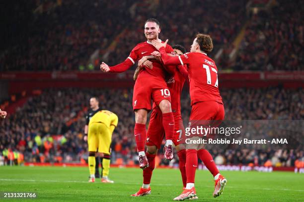 Alexis Mac Allister of Liverpool celebrates after scoring a goal to make it 2-1 during the Premier League match between Liverpool FC and Sheffield...
