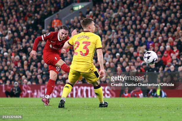 Alexis Mac Allister of Liverpool scoring the second goal for his team during the Premier League match between Liverpool FC and Sheffield United at...