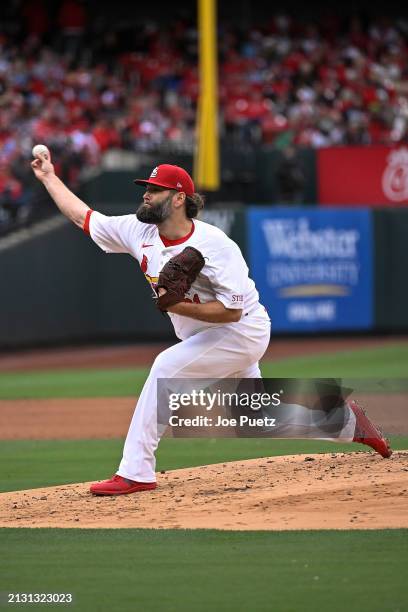 Lance Lynn of the St. Louis Cardinals pitches against the Miami Marlins in the second inning of the home opener at Busch Stadium on April 4, 2024 in...