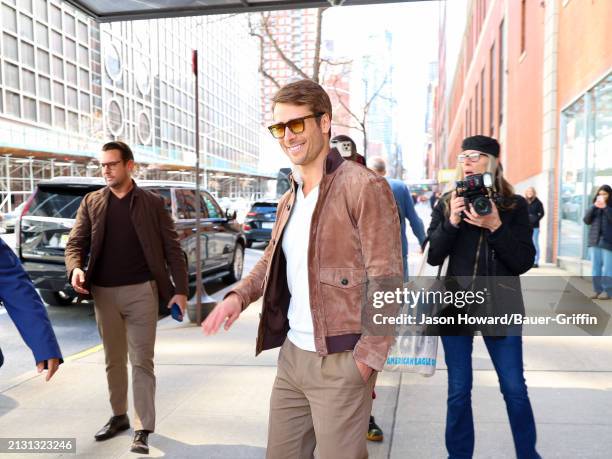Glen Powell is seen exiting 'The Drew Barrymore Show' on April 04, 2024 in New York City.