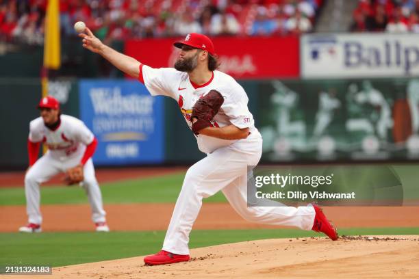 Lance Lynn of the St. Louis Cardinals pitches during the game between the Miami Marlins and the St. Louis Cardinals at Busch Stadium on Thursday,...