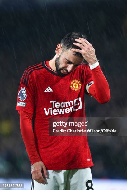 Bruno Fernandes of Manchester United reacts during the Premier League match between Chelsea FC and Manchester United at Stamford Bridge on April 4,...