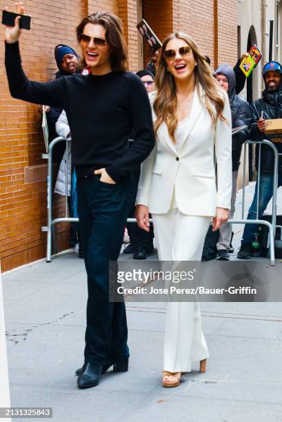 Damian Hurley and Elizabeth Hurley are seen exiting 'The View' Show on April 04, 2024 in New York City.