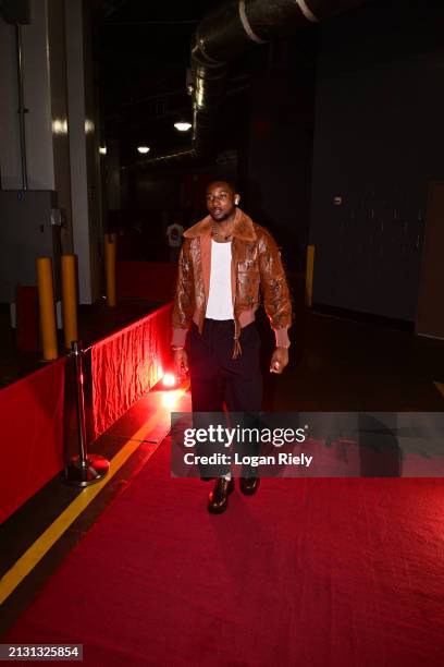 Jonathan Kuminga of the Golden State Warriors arrives to the arena before the game against the Houston Rockets on April 4, 2024 at the Toyota Center...