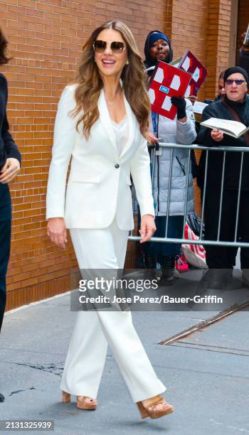 Elizabeth Hurley is seen exiting 'The View' Show on April 04, 2024 in New York City.