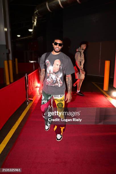 Gary Payton II of the Golden State Warriors arrives to the arena before the game against the Houston Rockets on April 4, 2024 at the Toyota Center in...