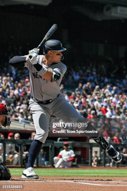 New York Yankees outfielder Aaron Judge at the plate during a MLB game between the Arizona Diamondbacks and New York Yankees on April 3 at Chase...