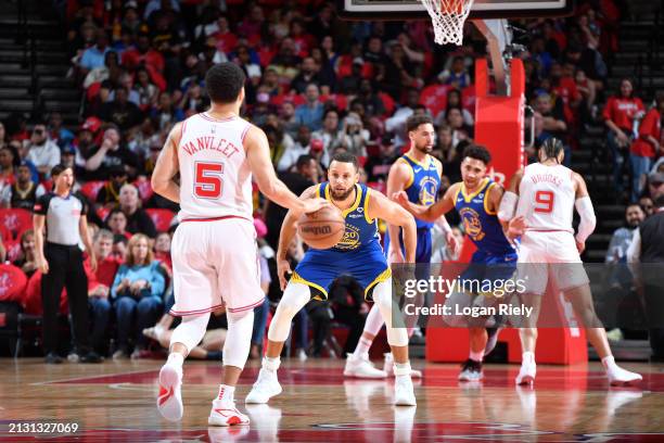 Stephen Curry of the Golden State Warriors plays defense against Fred VanVleet of the Houston Rockets during the game on April 4, 2024 at the Toyota...